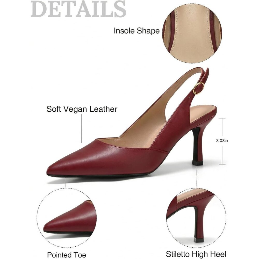Women's Burgundy Faux Leather Pointed Toe Slingback Stylish Buckle Pump Shoes - Picture 4 of 6